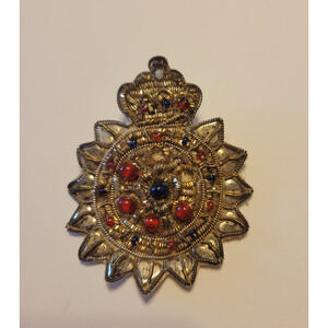 Vintage Embroidered Crown Sun Brooch, Poured Glass, Miriam Haskell Style Brooch